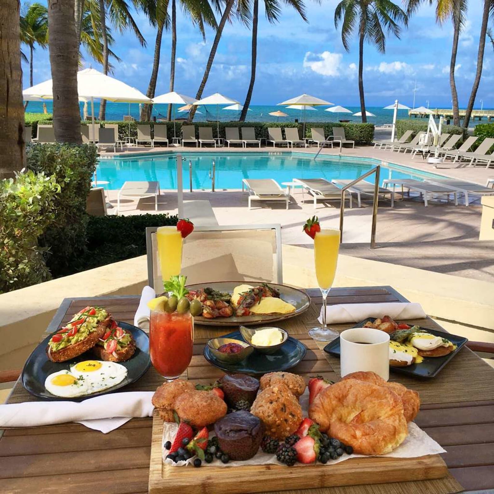 Breakfast spread overlooking the pool