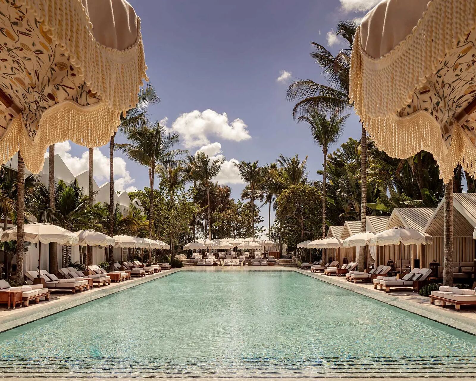 Pool lined with umbrellas and palms