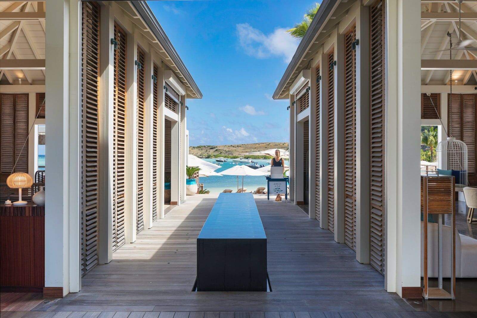 Shuttered walkway leading toward the sea