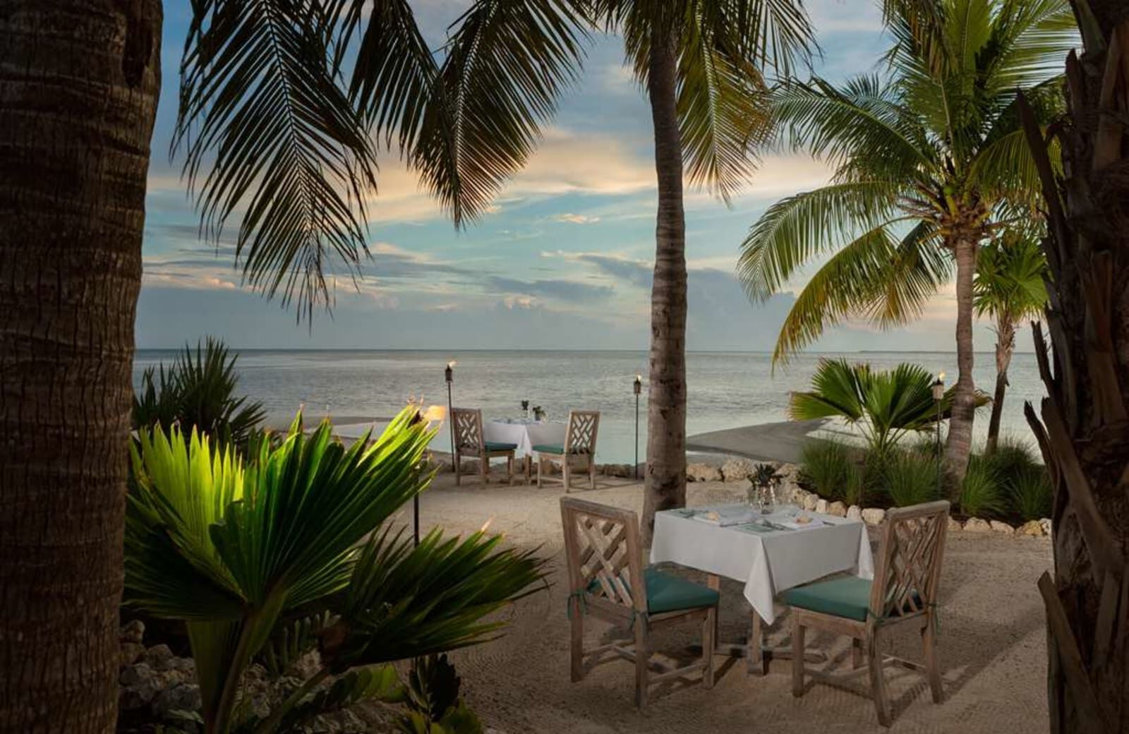 Table set on the sand beneath palms