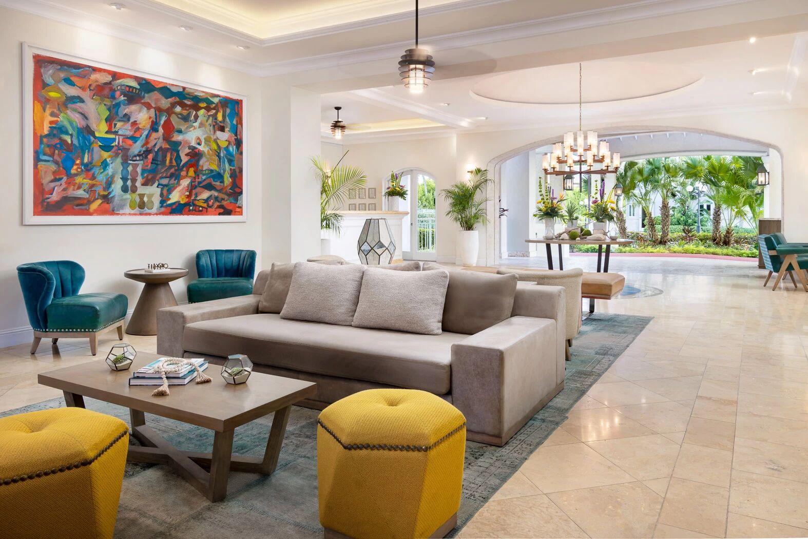 Suite living room with colourful artwork