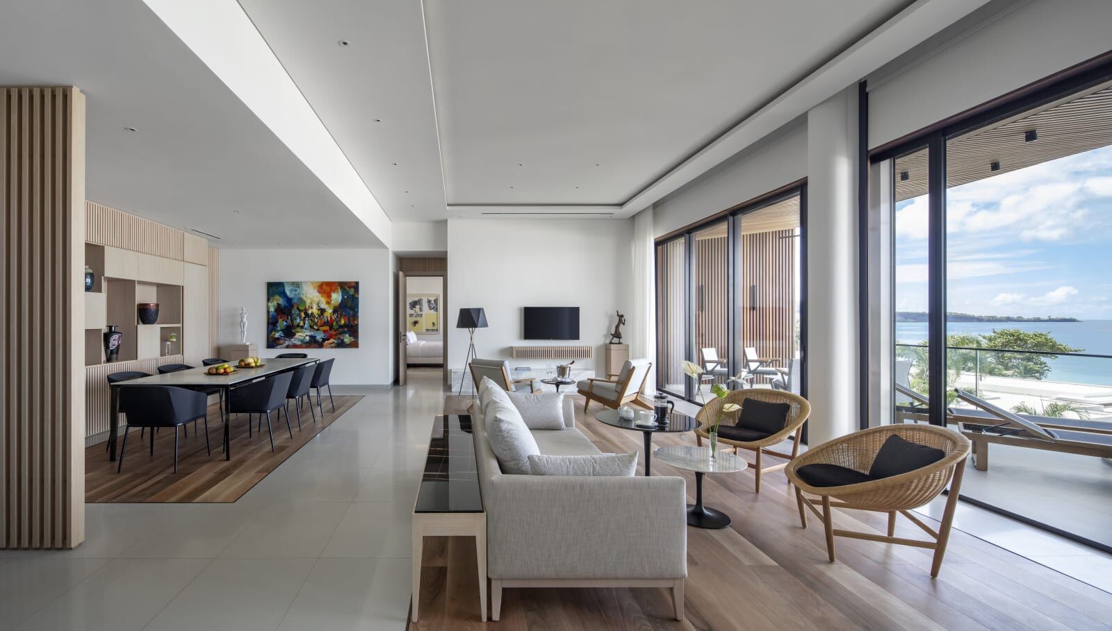 Penthouse suite living area, looking towards the bedroom