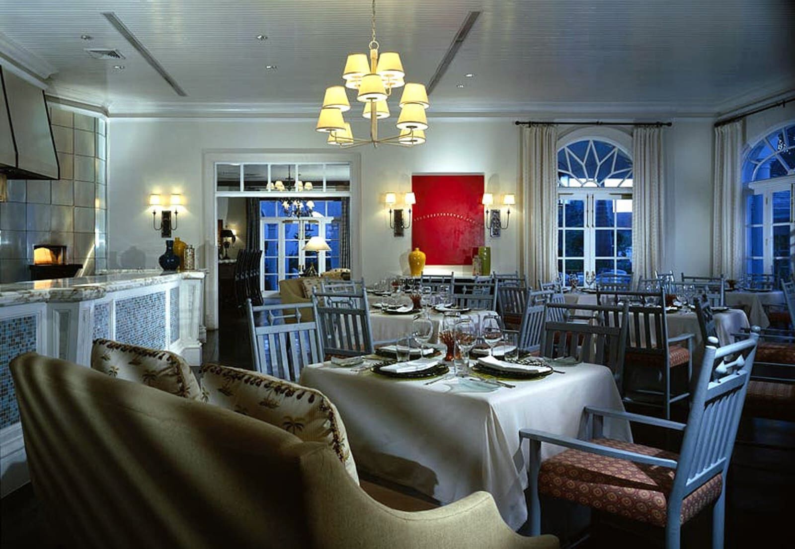 Indoor dining room set for dinner